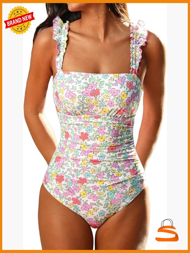 One Piece Swimsuit Bandeau Neck Ruffle Sleeves Adjustable Straps Hook Ruched